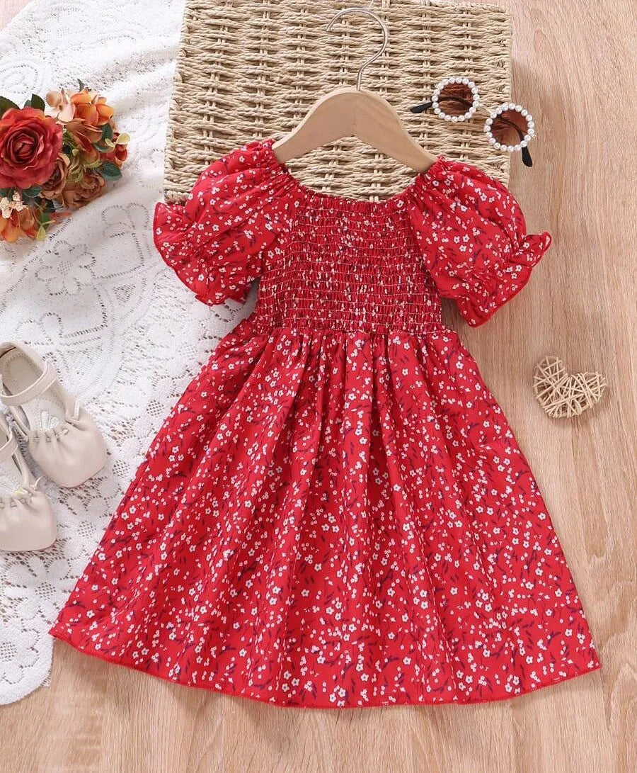Red Color Floral Printed Short Sleeve Midi Girls Dress