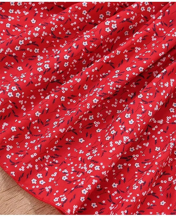 Red Color Floral Printed Short Sleeve Midi Girls Dress