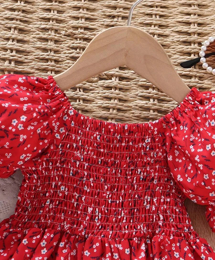 Red Color Floral Printed Short Sleeve Midi Girls Dress