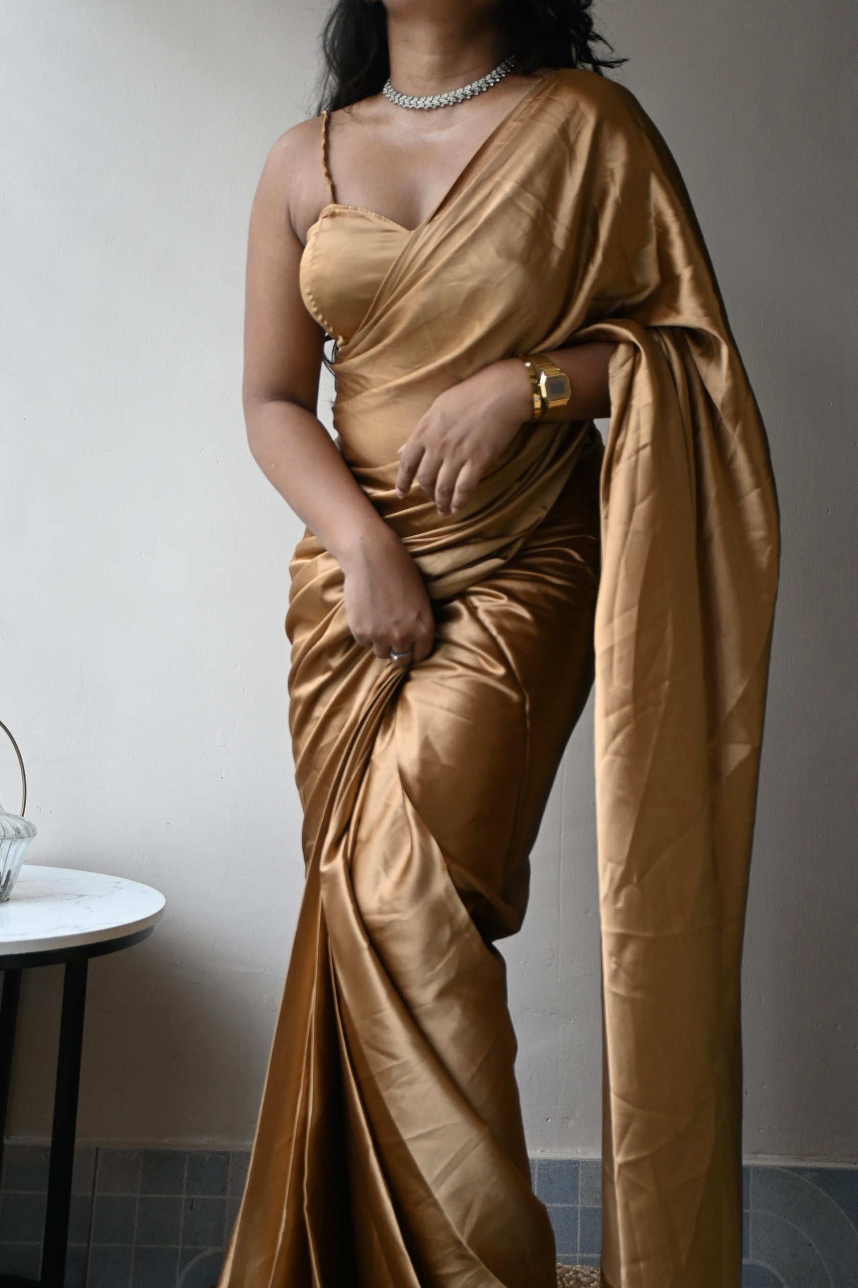 Rose Gold Satin Silk Saree With Handmade Tassels On Pallu