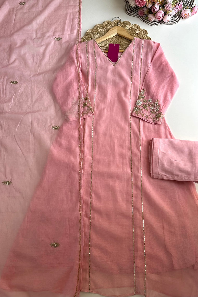 K070 - Mul Chanderi handwork Aline Kurti with pants and dupatta in