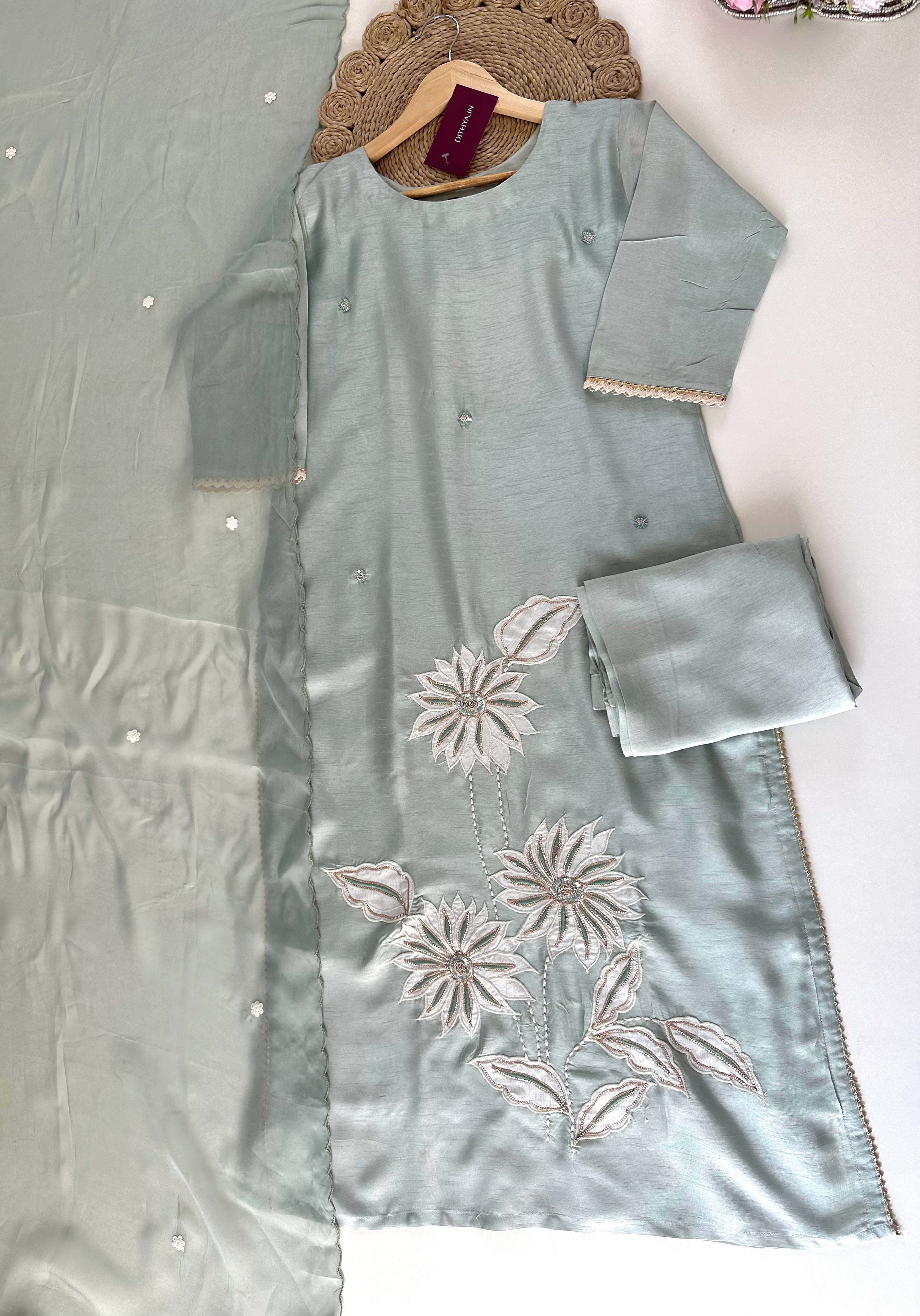 K118 - Viscose Cotton Handwork Anarkali with pants and dupatt