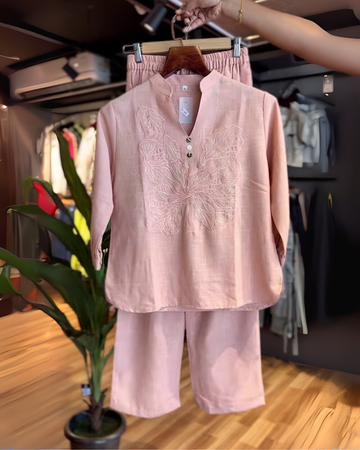 Blush Pink Cotton Co-ord Set with Embroidered