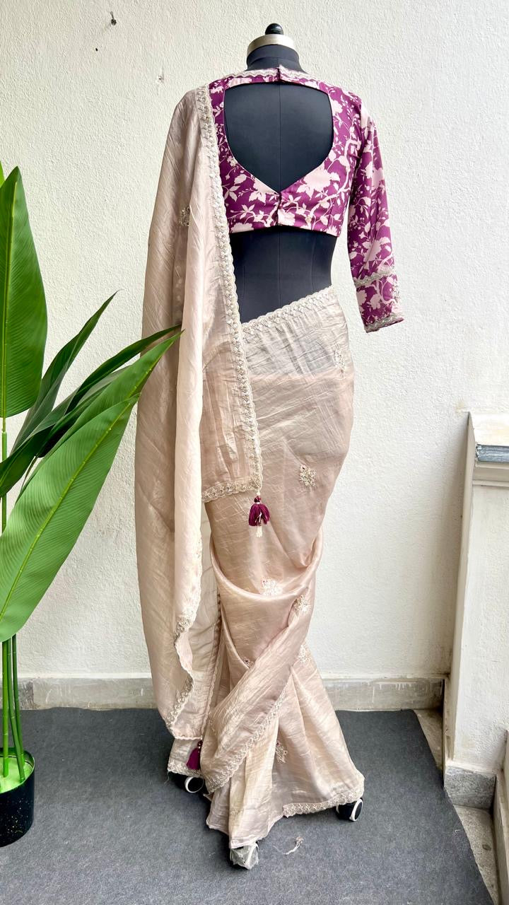 Cream soft tissue saree with wine floral embroidery blouse