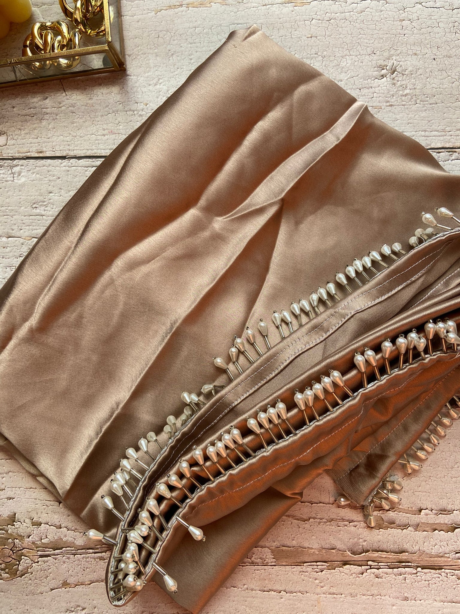 Rose Gold Satin Silk Saree With Handmade Tassels On Pallu
