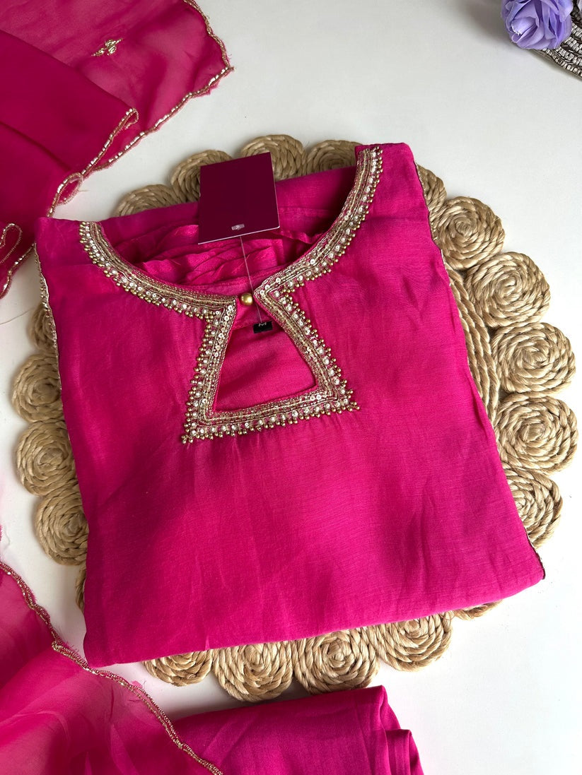 Mul Chanderi handwork Aline Kurti with pants and dupatta