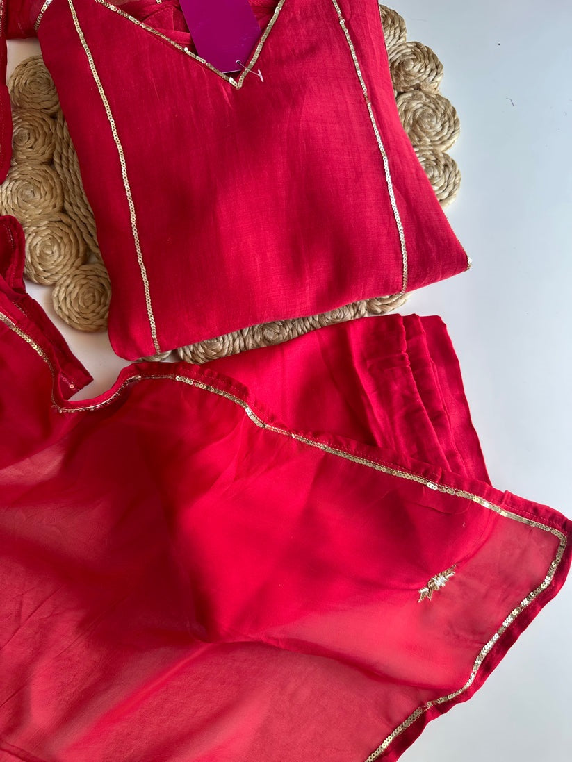 K070 - Mul Chanderi handwork Aline Kurti with pants and dupatta in
