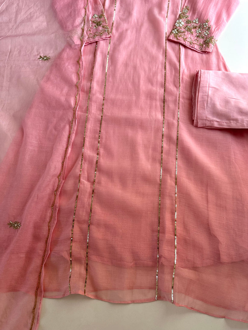K070 - Mul Chanderi handwork Aline Kurti with pants and dupatta in
