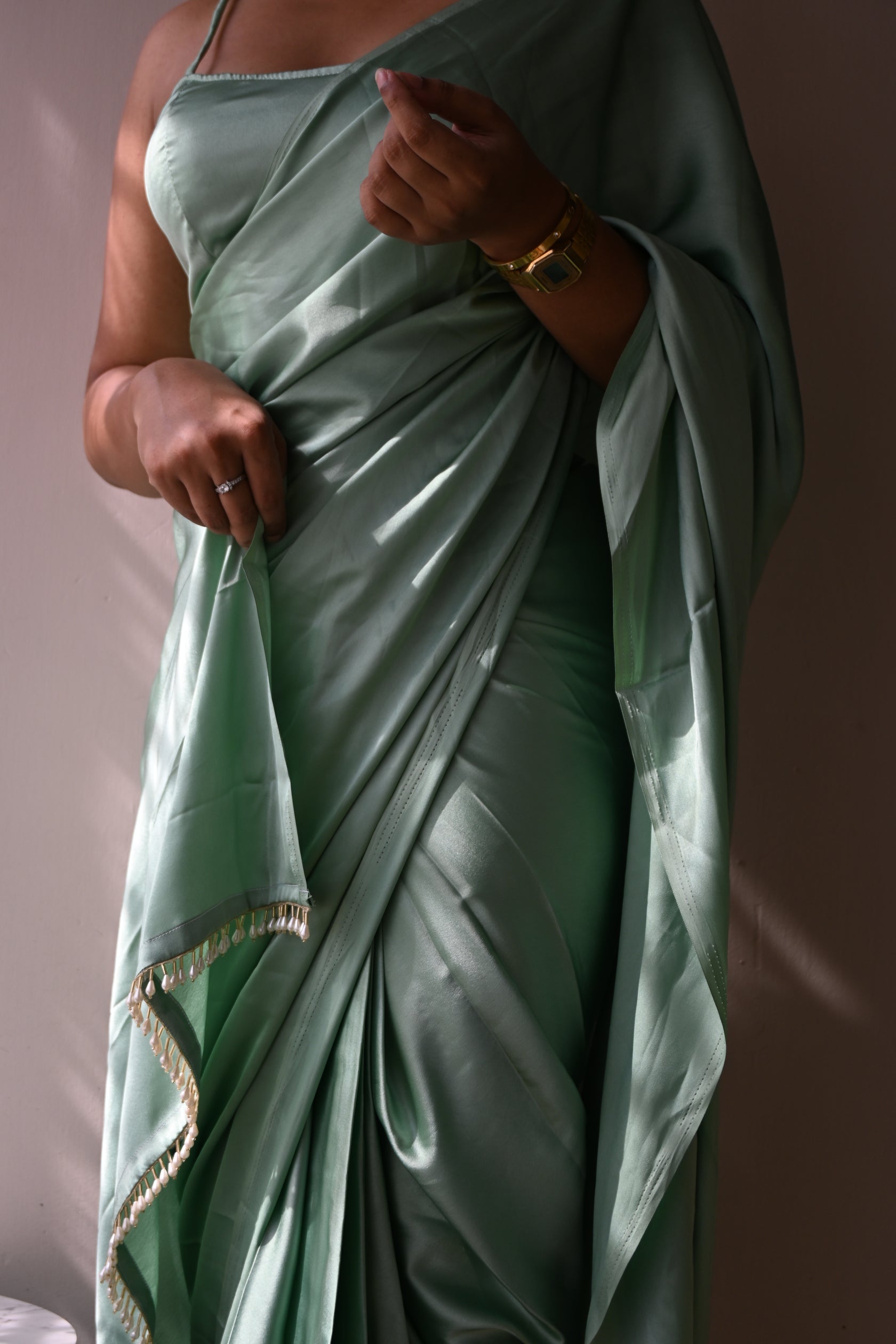 Pista Satin Silk Handmade Tassels On Pallu