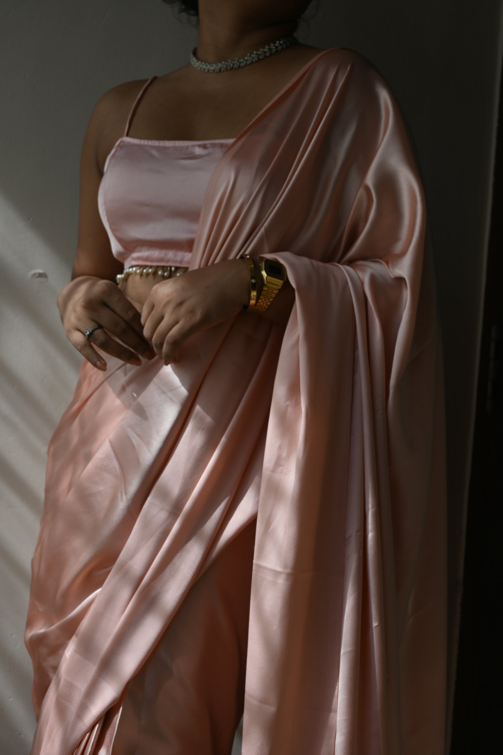 Baby Pink Satin Silk Handmade Tassels On Pallu