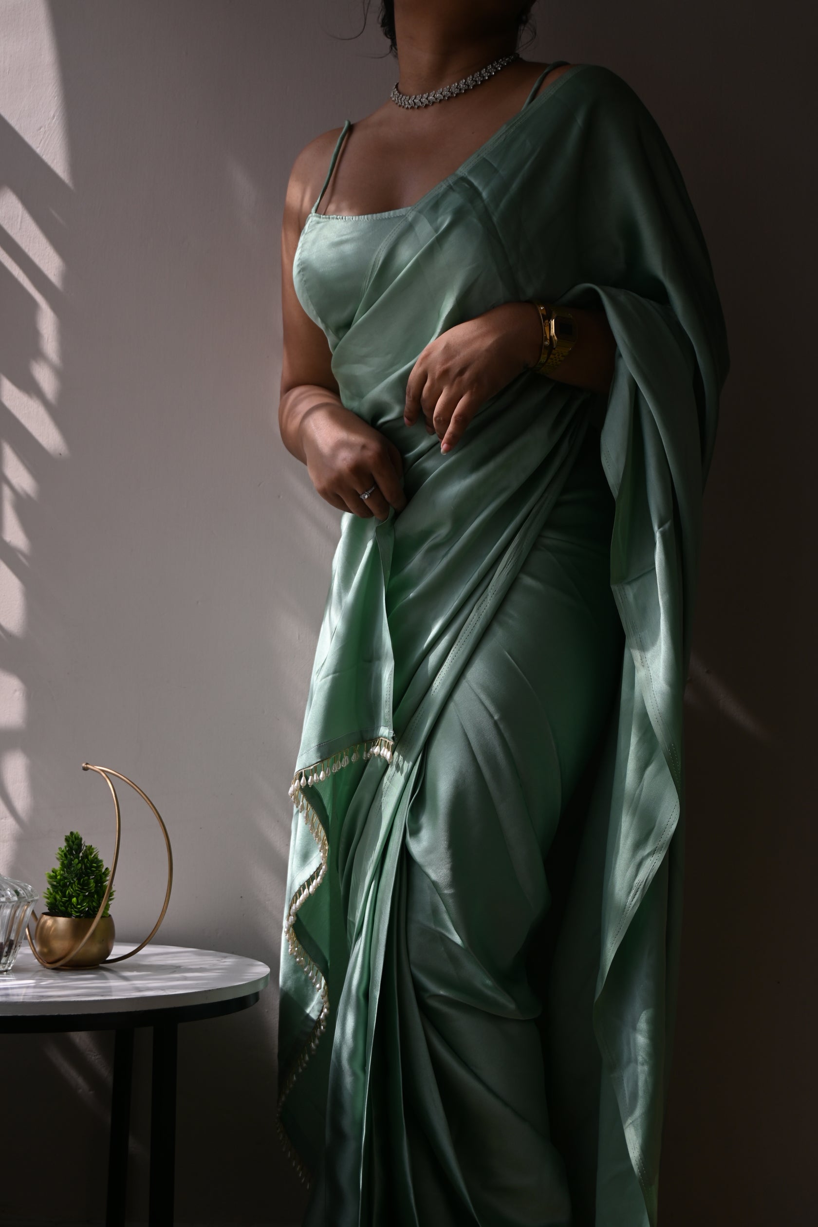 Pista Satin Silk Handmade Tassels On Pallu
