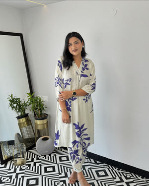 White - Autum Floral Kurta Pants