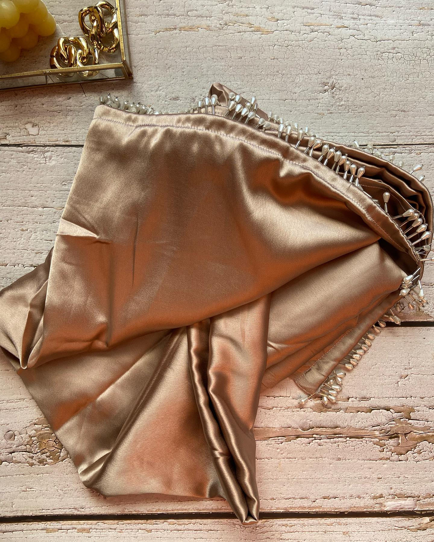 Rose Gold Satin Silk Saree With Handmade Tassels On Pallu