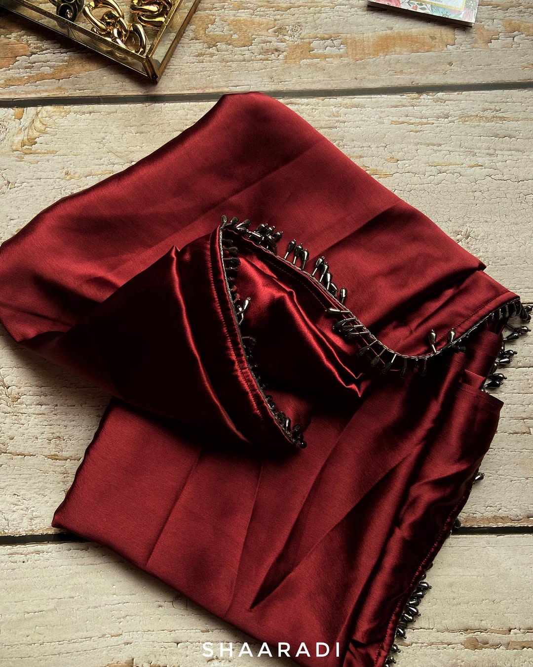 Dark Red Satin Silk Handmade Tassels On Pallu