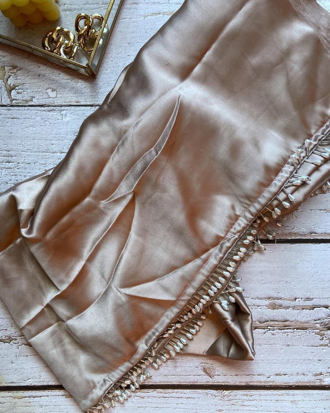 Grey Satin Silk Handmade Tassels On Pallu