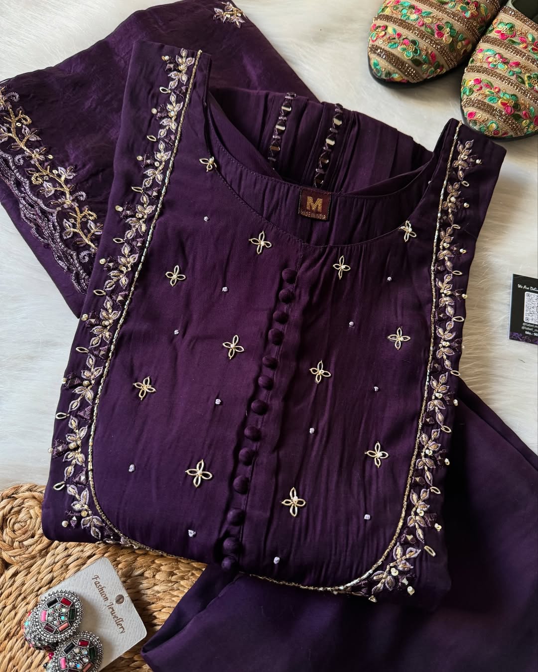 Wine Embroidery Kurta set