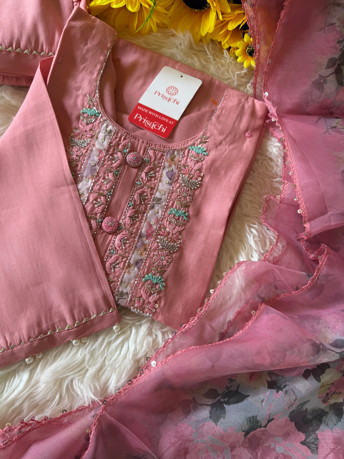 Pink cotton silk embroidered straight kurta set with dupatta