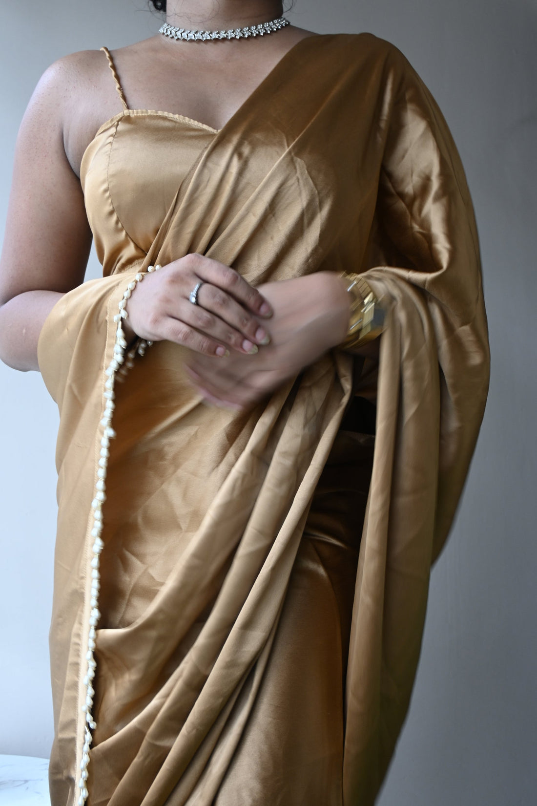 Rose Gold Satin Silk Saree With Handmade Tassels On Pallu