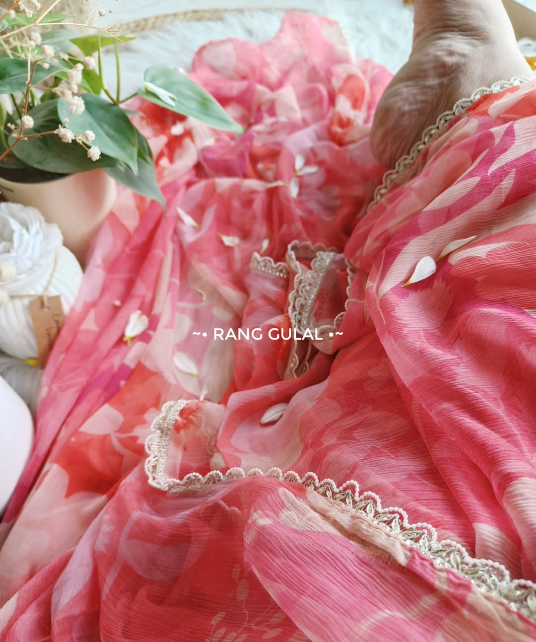 Pure Soft Pink Chiffon Floral Printed saree With Attched Lace