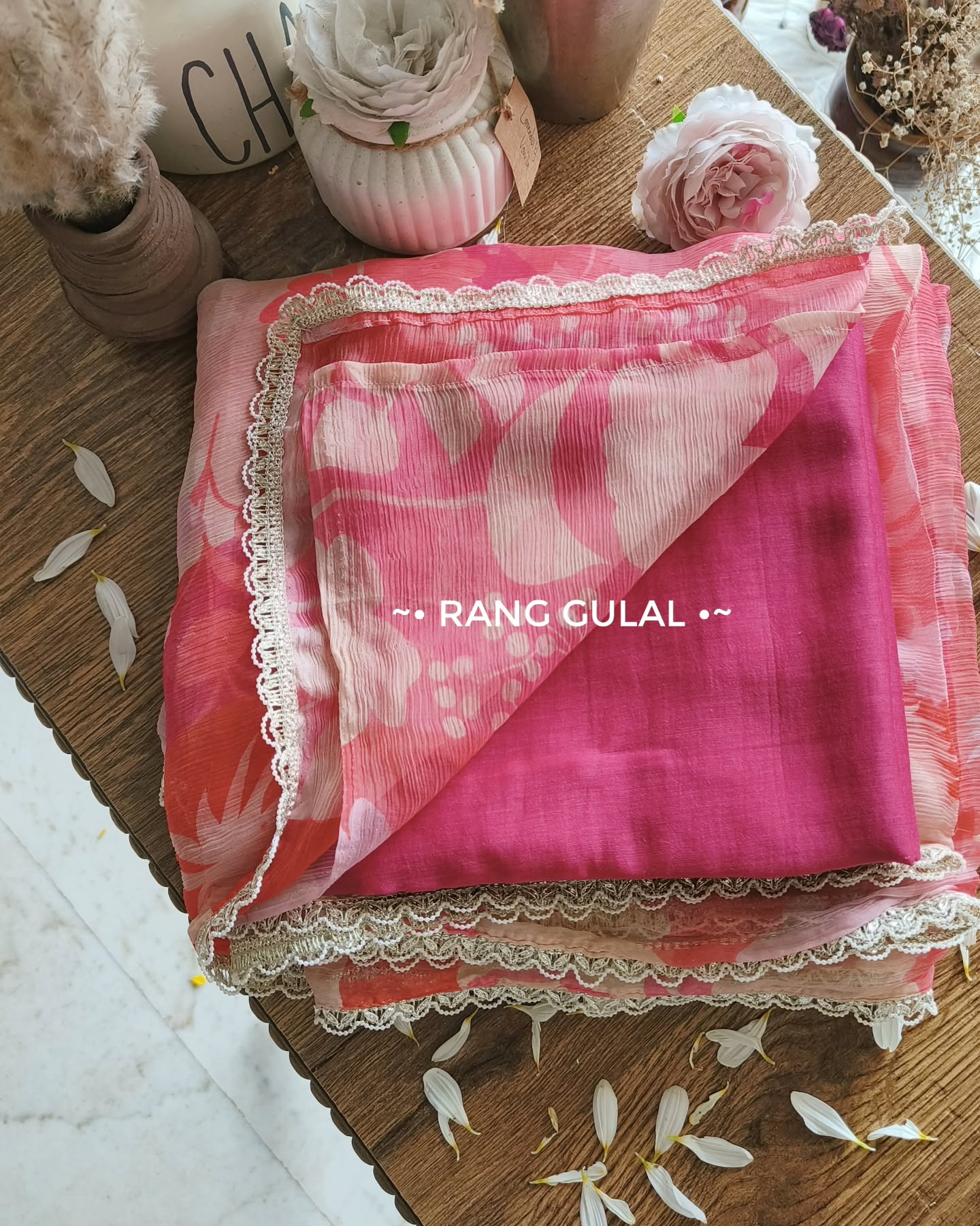 Pure Soft Pink Chiffon Floral Printed saree With Attched Lace