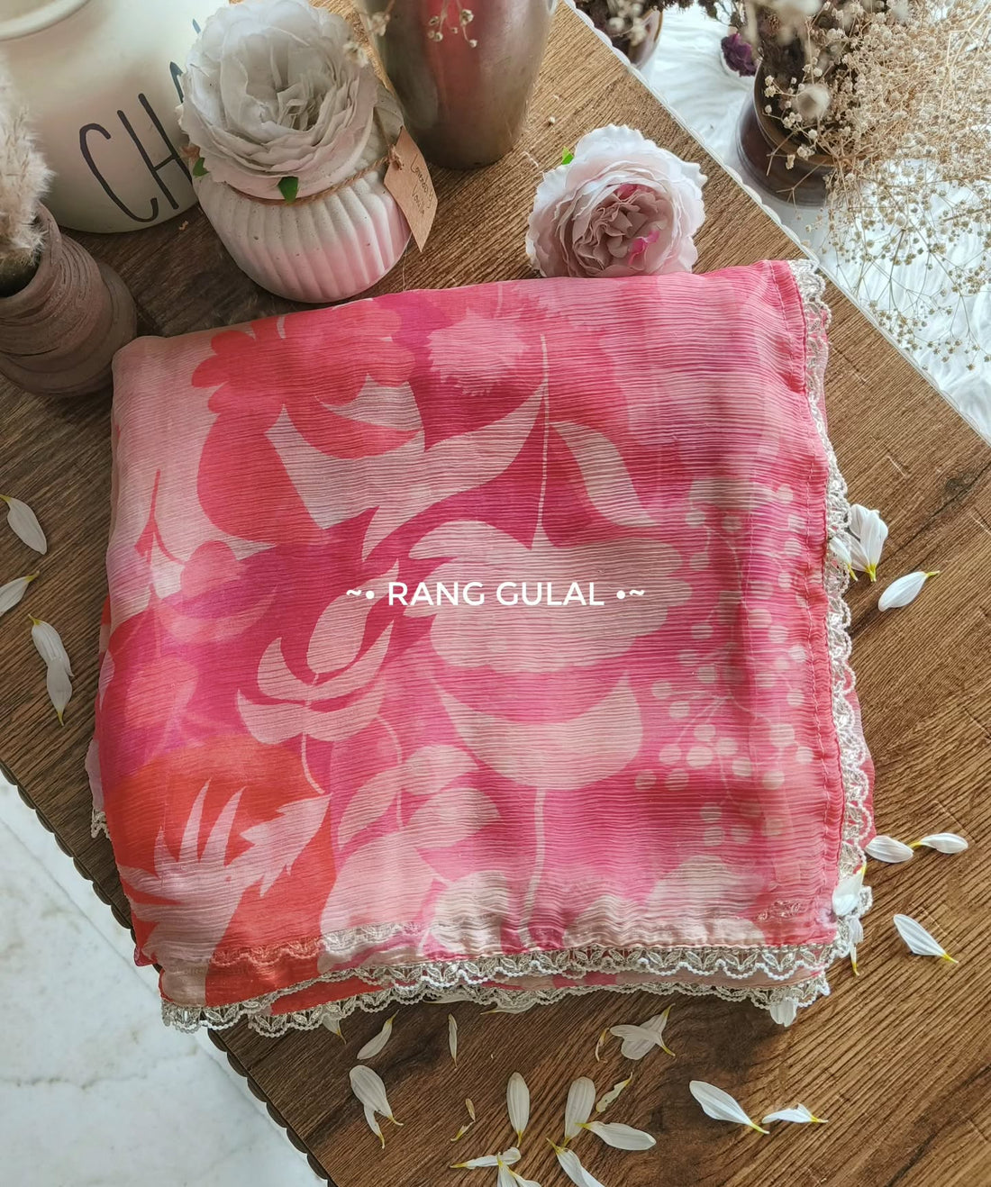 Pure Soft Pink Chiffon Floral Printed saree With Attched Lace