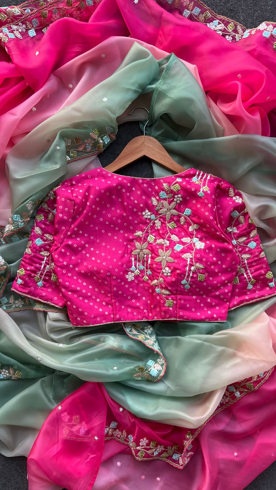 Pink & pista soft organza saree with pink hand work blouse