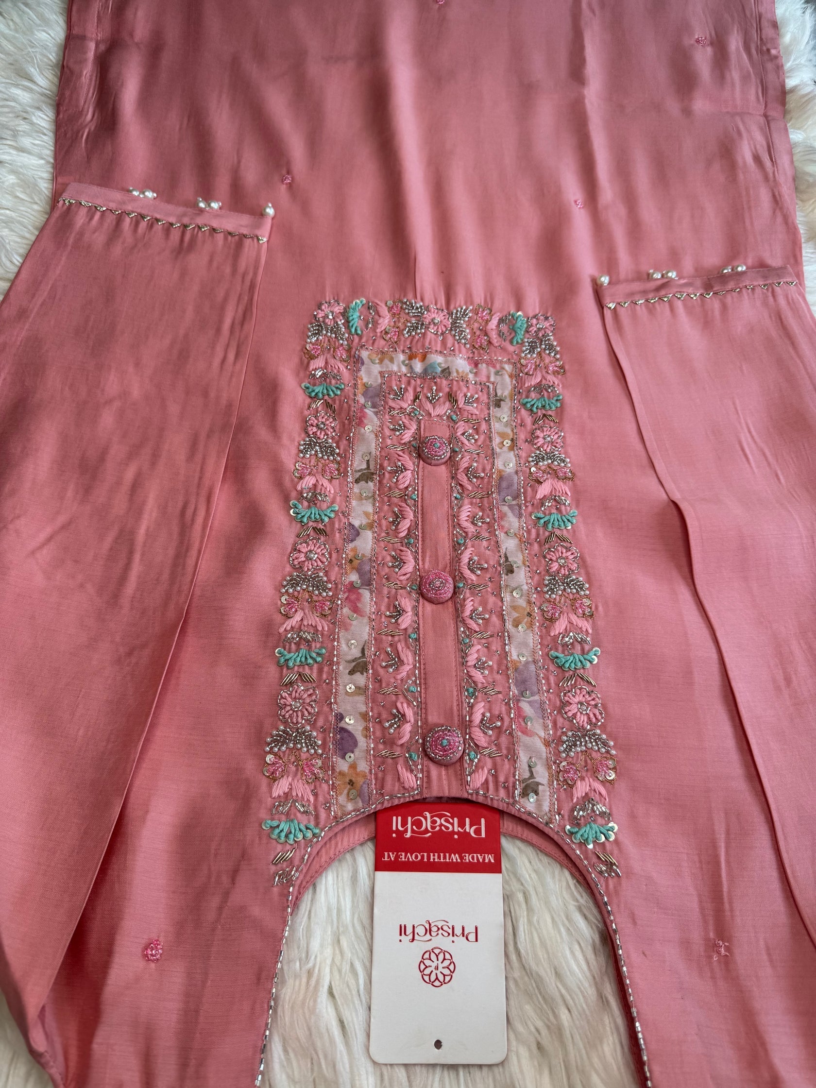 Pink cotton silk embroidered straight kurta set with dupatta