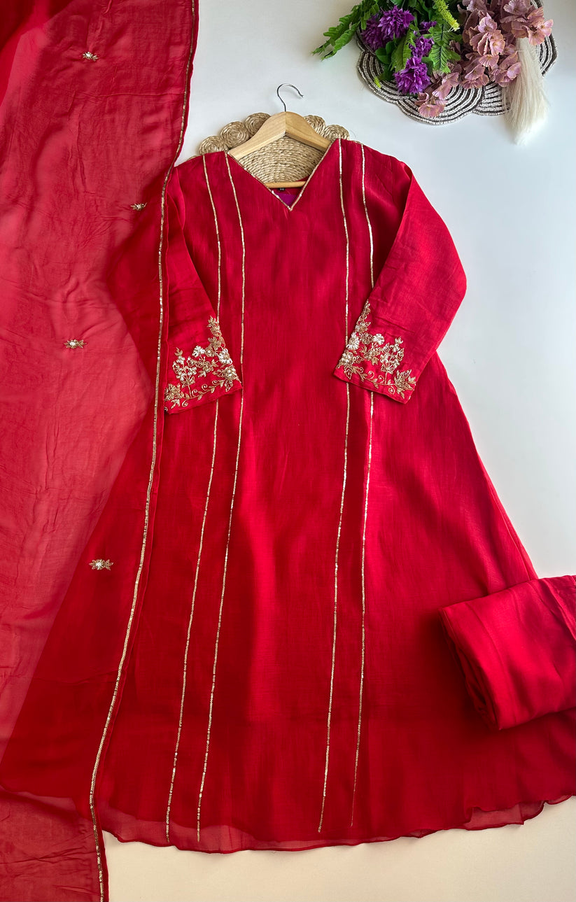 K070 - Mul Chanderi handwork Aline Kurti with pants and dupatta in