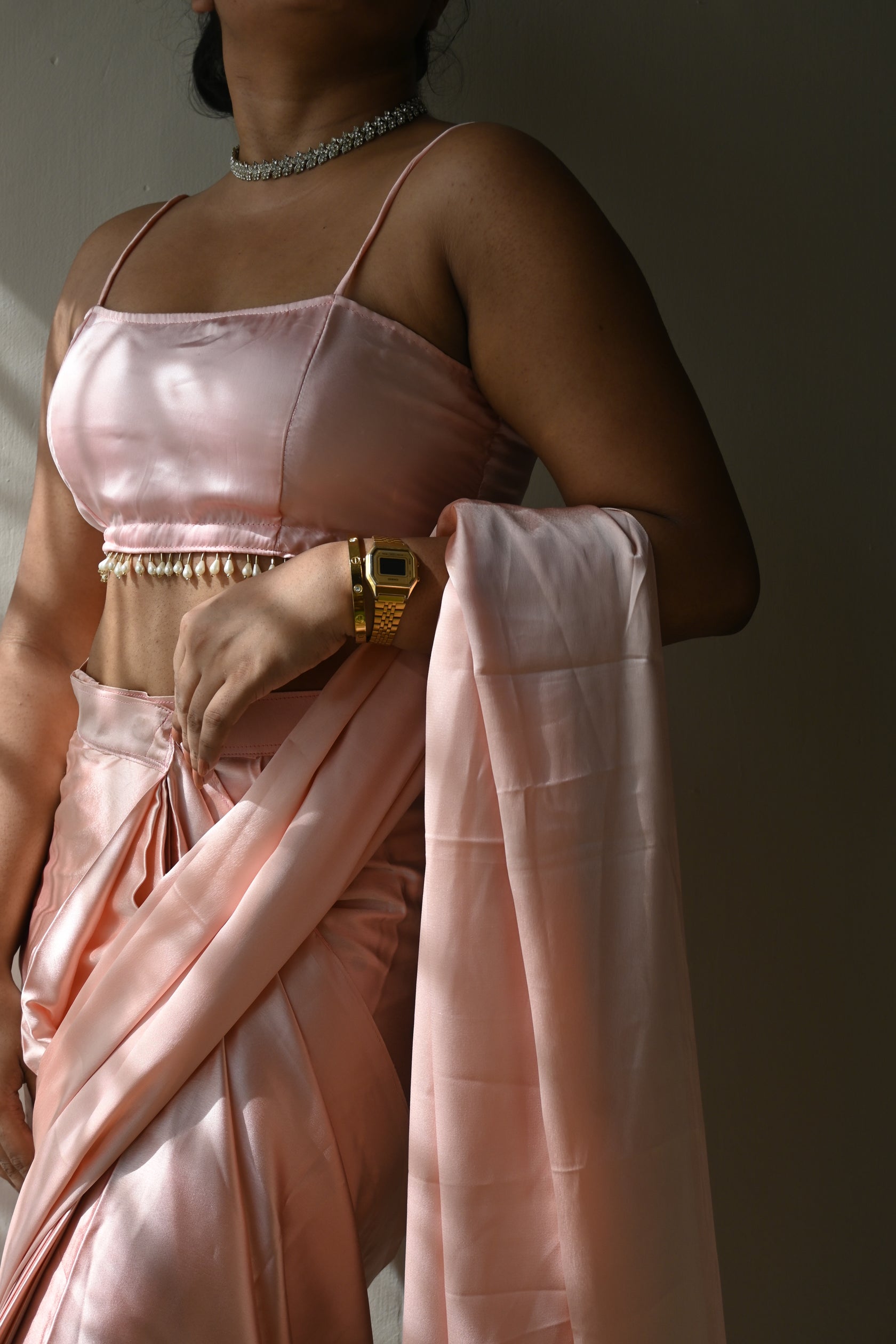 Baby Pink Satin Silk Handmade Tassels On Pallu