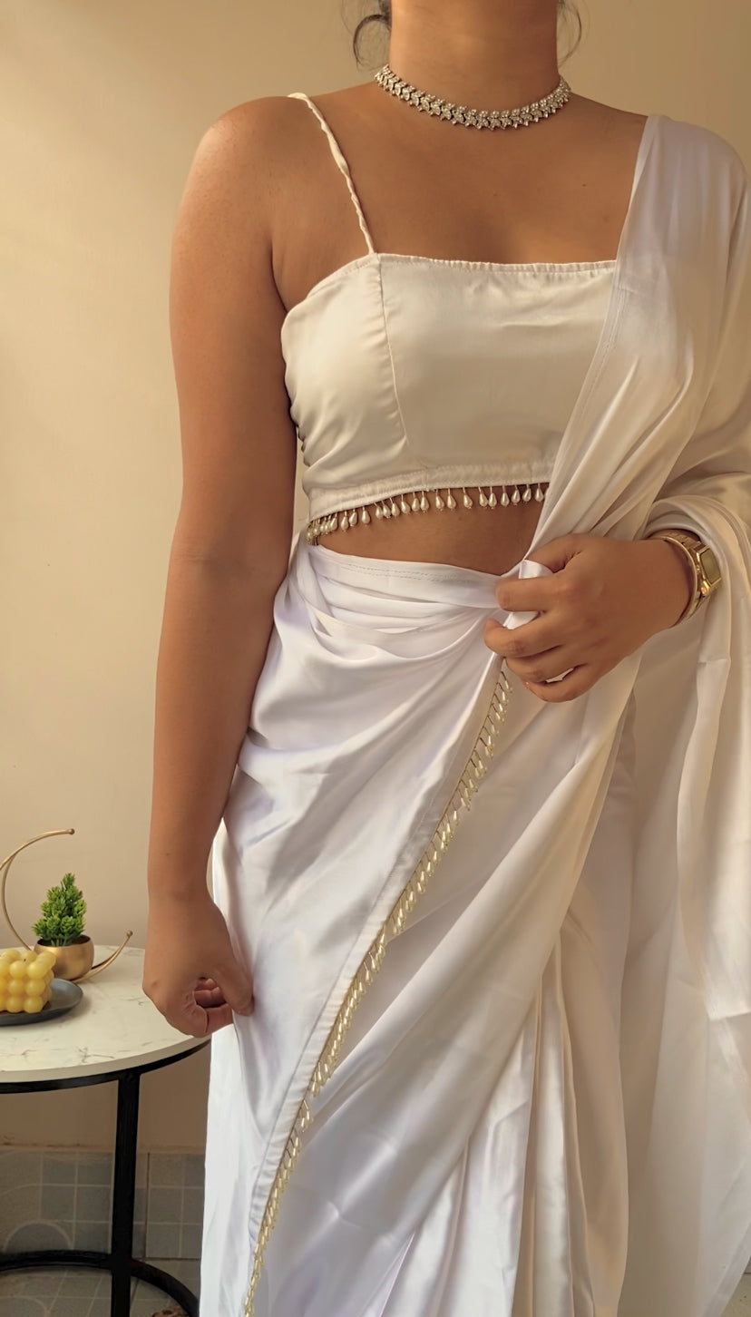White Satin Silk Handmade Tassels On Pallu
