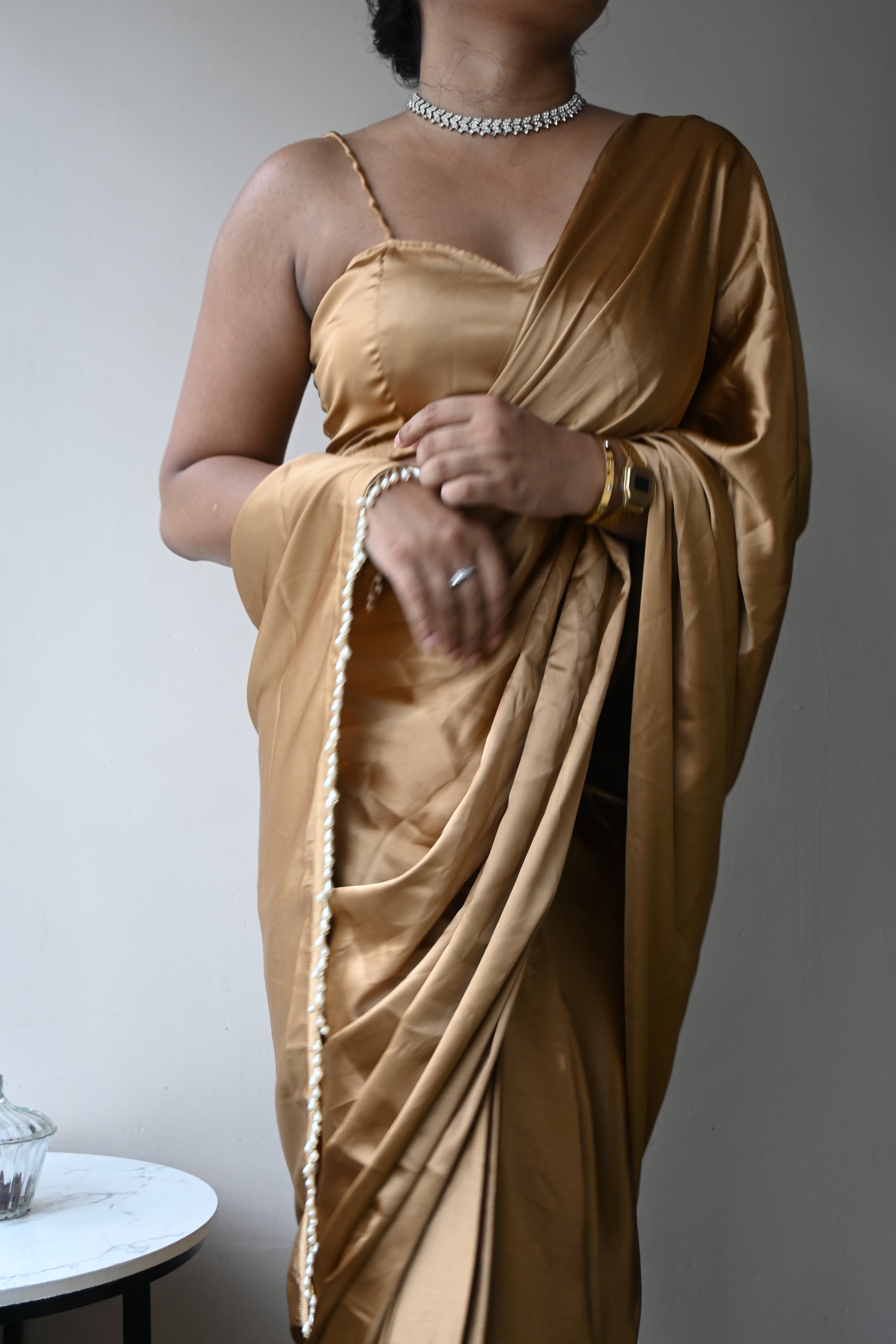 Rose Gold Satin Silk Saree With Handmade Tassels On Pallu