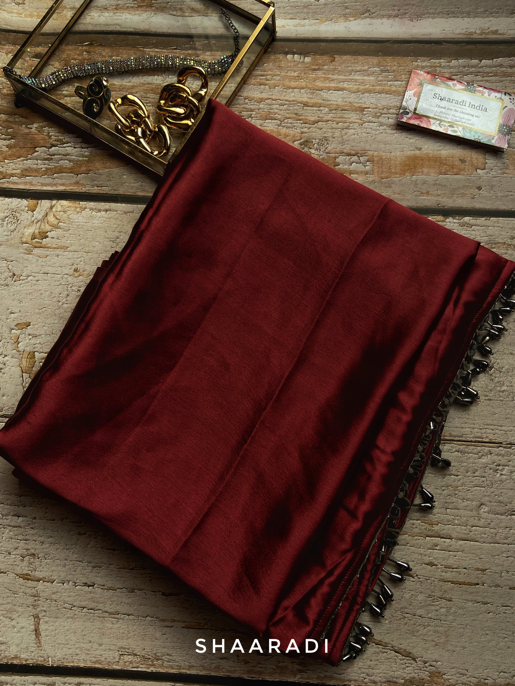Dark Red Satin Silk Handmade Tassels On Pallu