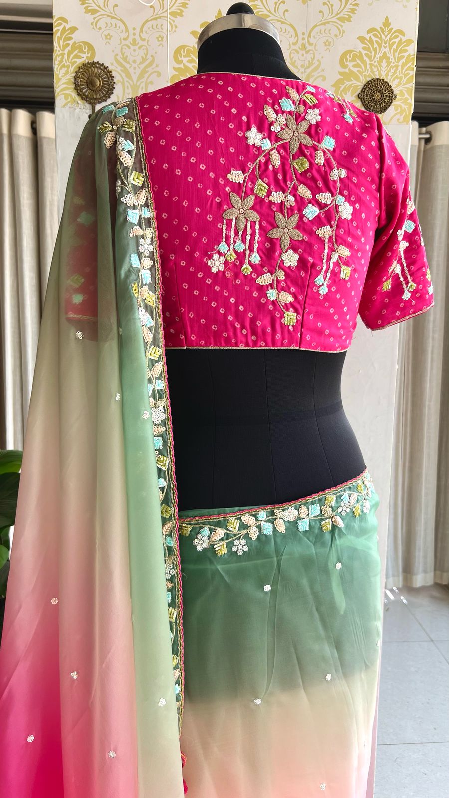 Pink & pista soft organza saree with pink hand work blouse