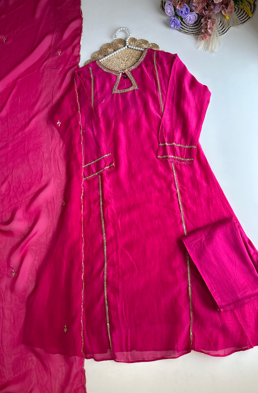 Mul Chanderi handwork Aline Kurti with pants and dupatta