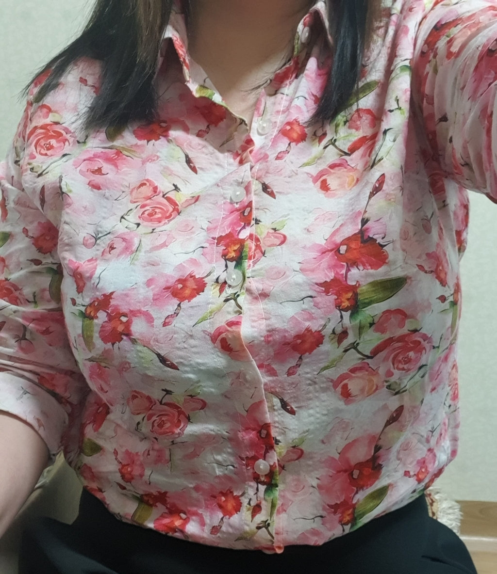Rose Bloom Cotton Shirt – Elegant Floral Print, Full Sleeve Casual Wear