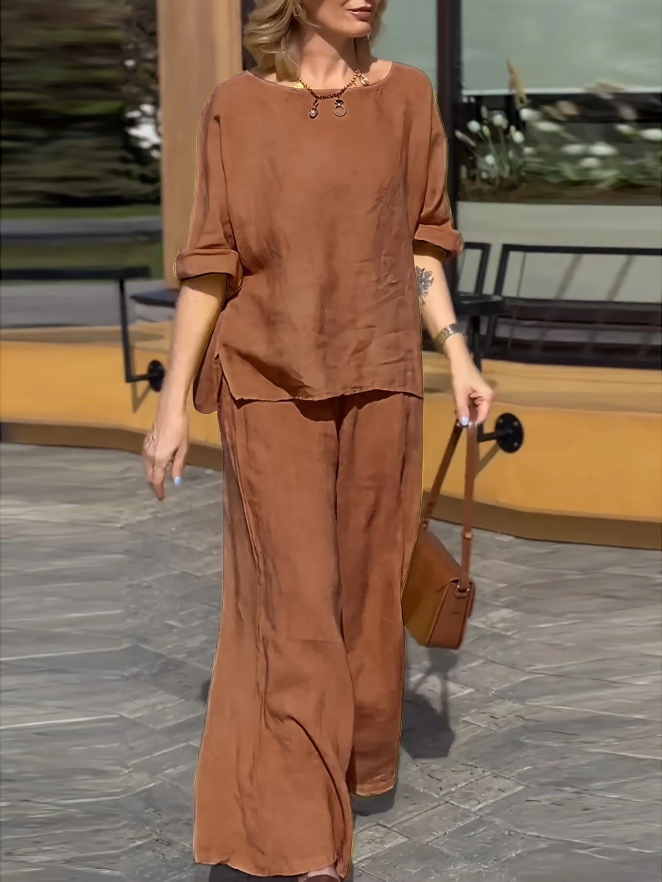 WOMEN PLAIN CROP TOP & TROUSERS CO-ORDER SET