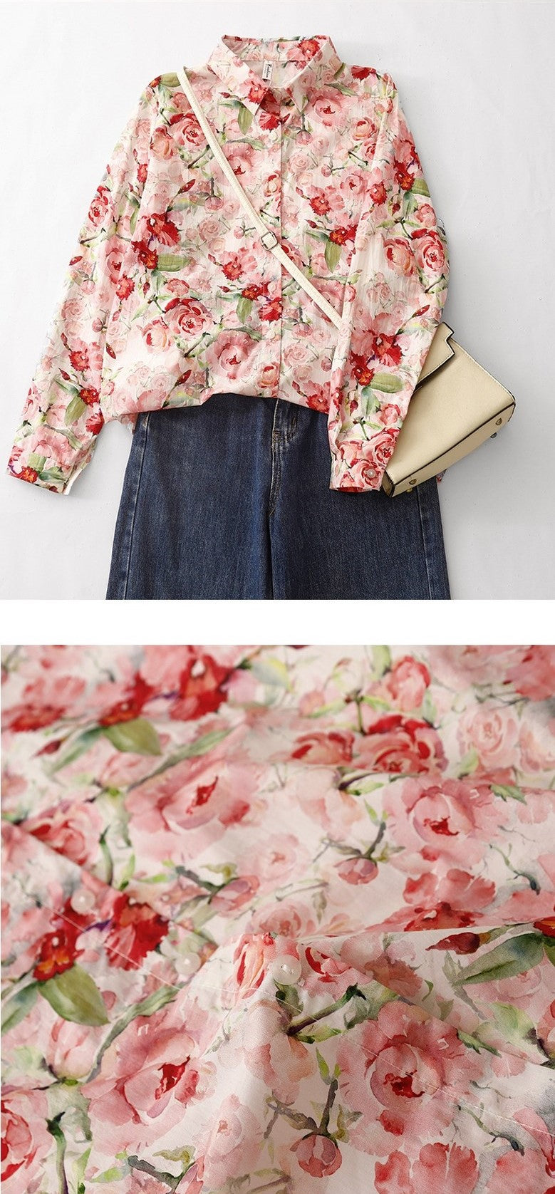 Rose Bloom Cotton Shirt – Elegant Floral Print, Full Sleeve Casual Wear