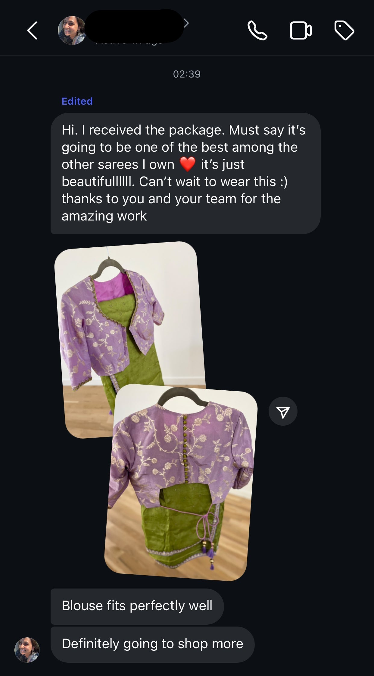 Green jute saree with lavender hand worked blouse