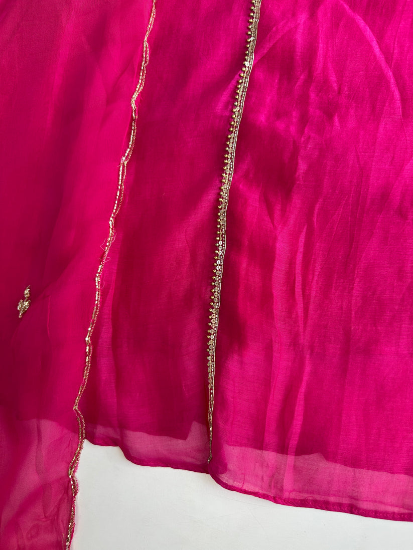 Mul Chanderi handwork Aline Kurti with pants and dupatta