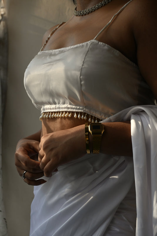 White Satin Silk Handmade Tassels On Pallu