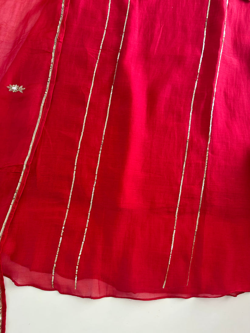 K070 - Mul Chanderi handwork Aline Kurti with pants and dupatta in