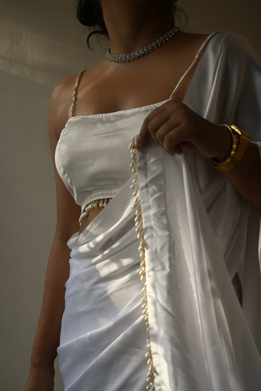 White Satin Silk Handmade Tassels On Pallu