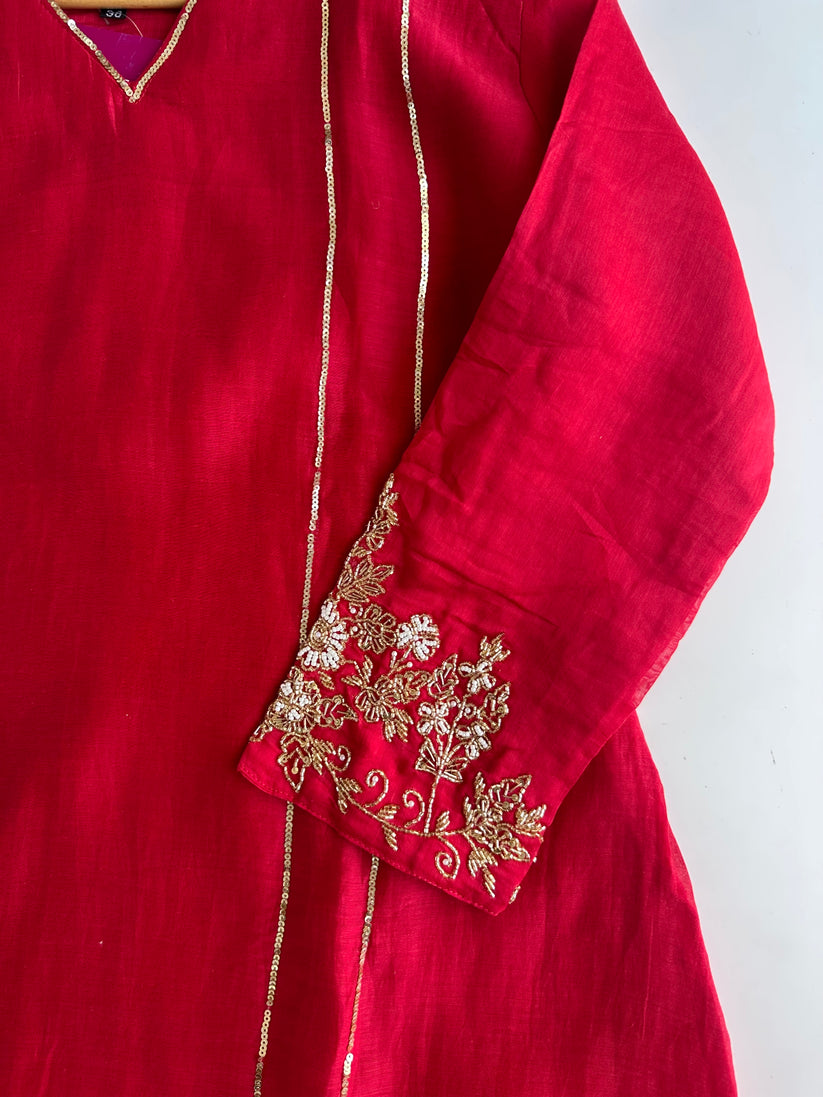 K070 - Mul Chanderi handwork Aline Kurti with pants and dupatta in