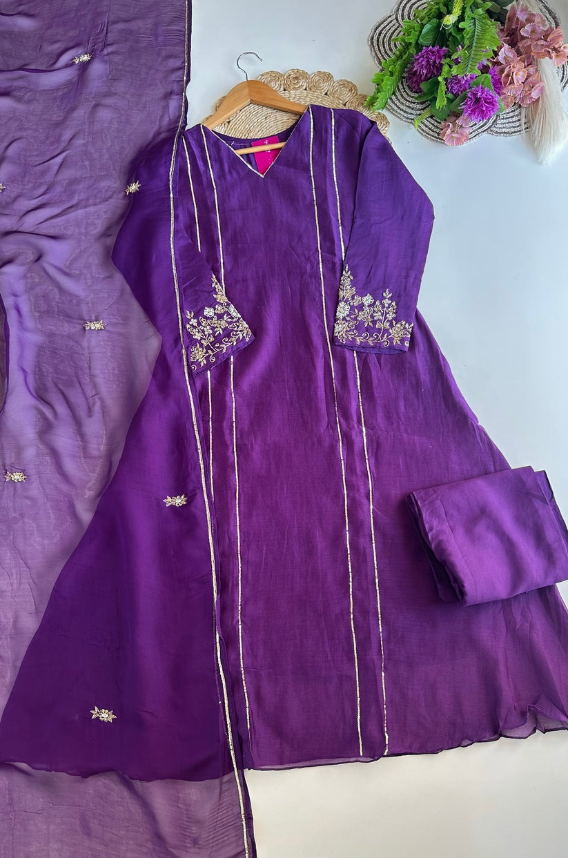 K070 - Mul Chanderi handwork Aline Kurti with pants and dupatta in
