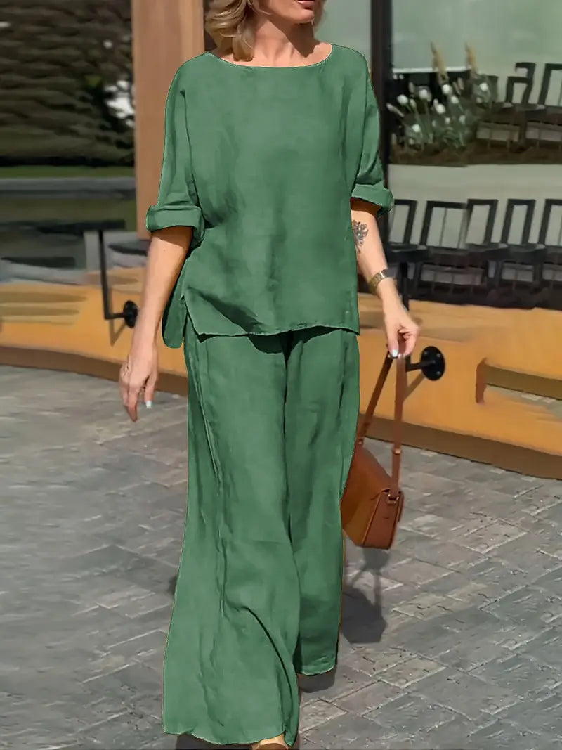 WOMEN PLAIN CROP TOP & TROUSERS CO-ORDER SET