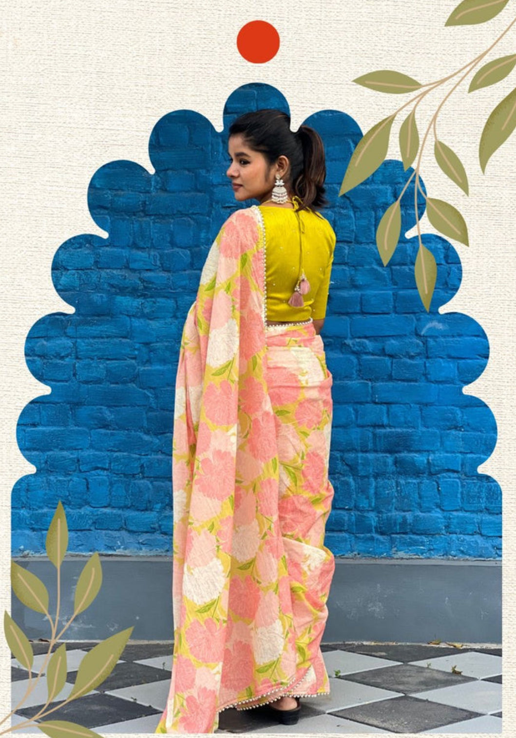 Midnight Pink Floral Lilan Ready To Wear Saree with Stripped Printed Blouse Summer Collection