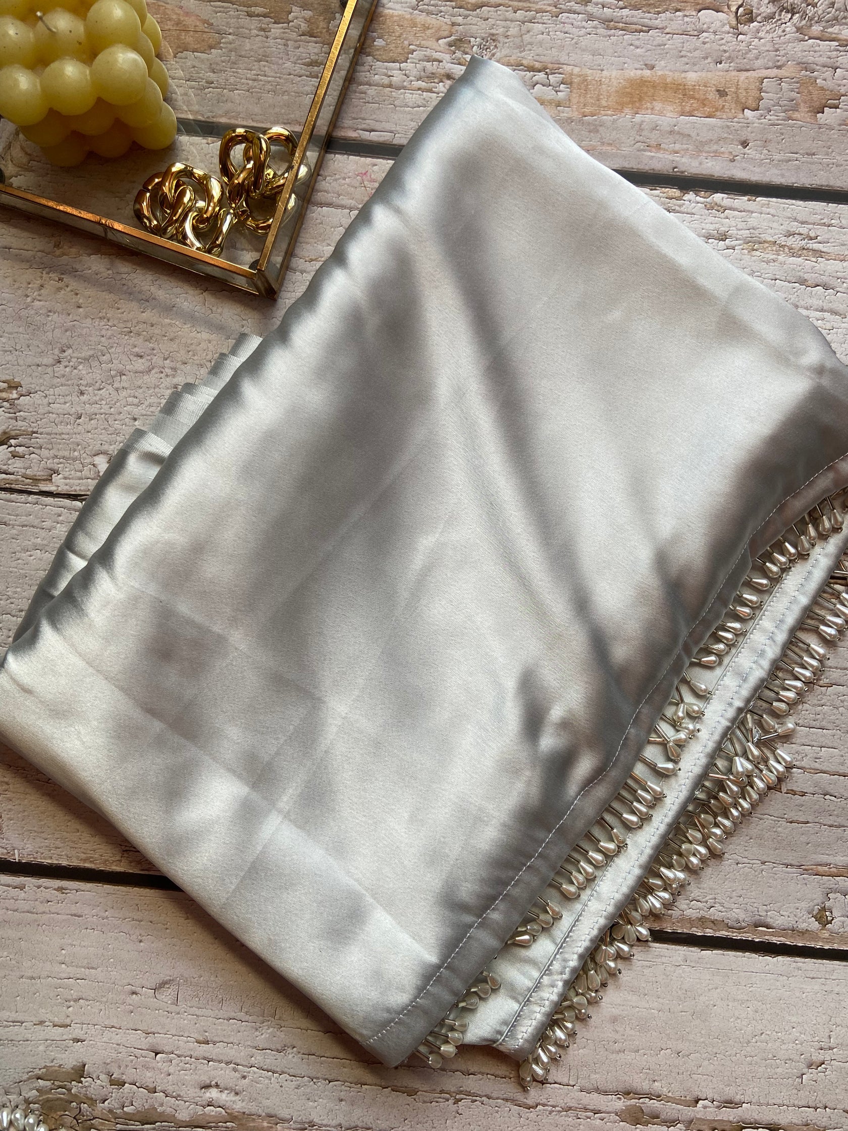 Grey Satin Silk Handmade Tassels On Pallu