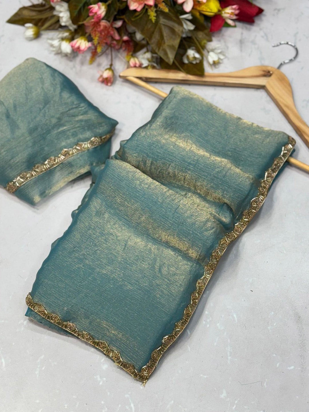 Tissue Embroidered Border Saree With Unstitched Blouse Piece