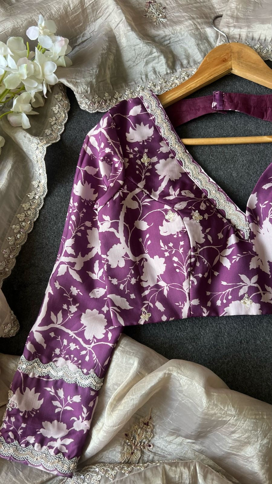 Cream soft tissue saree with wine floral embroidery blouse