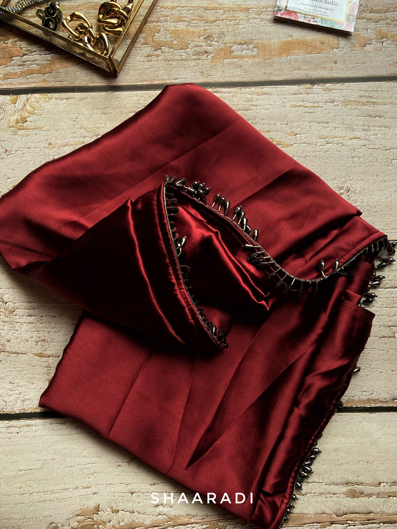 Dark Red Satin Silk Handmade Tassels On Pallu